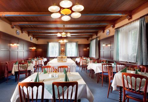 une salle à manger avec des tables et des chaises ainsi qu'un lustre dans l'établissement Jestřabí, à Luhačovice