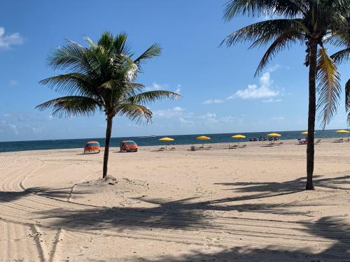 2 palmiers sur une plage de sable avec parasols dans l'établissement The Lago Mar Beach Resort and Club, à Fort Lauderdale