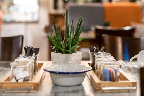 una mesa con un tazón y una planta en ella en Hotel Beim Schupi Karlsruhe, en Karlsruhe