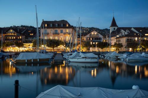 un grupo de barcos atracados en un puerto deportivo por la noche en Rivage Hotel Restaurant Lutry, en Lausana