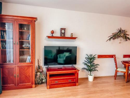 a living room with a tv and a wooden cabinet at Gizela in Luhačovice