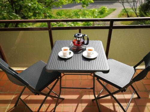 a table with two chairs and a tea kettle on a balcony at Apartment am Südpark in Merseburg