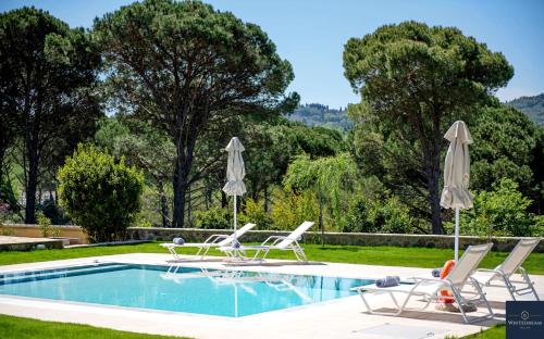 a swimming pool with chairs and umbrellas at Villa Pine Forest in Corfu Town