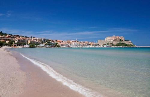 uma vista para uma praia com edifícios ao fundo em Camping la Clé des Champs em Calvi