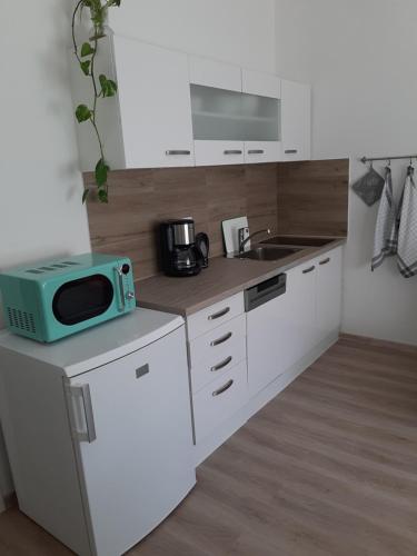 een keuken met witte kasten en een magnetron op een aanrecht bij Eisenstadt Apartments in Eisenstadt