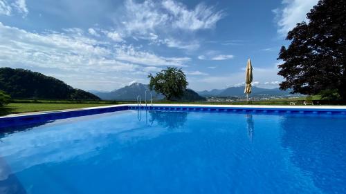 a large blue swimming pool with mountains in the background at Hotel Schöne Aussicht in Salzburg