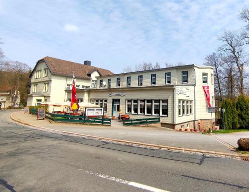 a large white building on the side of a street at Hotel Waldmühle in Elend