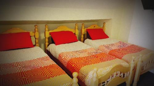 two twin beds with red pillows in a bedroom at Park House B&B in Leeds