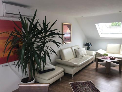 a living room with a couch and a potted plant at Apartment Sabine in Oberasbach