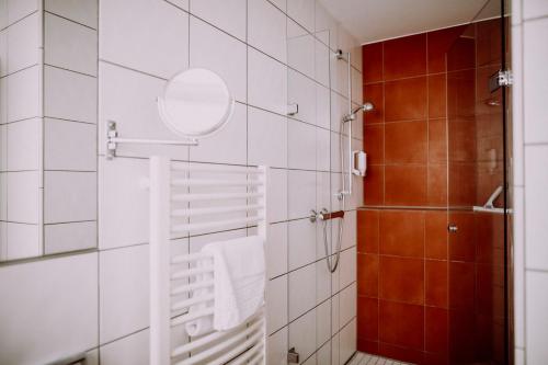 a bathroom with a shower and a mirror at Romantik Hotel Schmiedegasthaus Gehrke in Bad Nenndorf