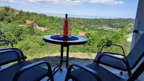 - une table avec une bouteille et un verre dans l'établissement Gamma Apartmanok és Jakuzzi, à Miskolctapolca