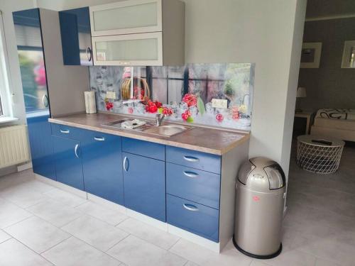 a kitchen with blue cabinets and a sink at Ferienwohnung in Leckwitz bei Nünchritz Wacker, Elbradweg in Nünchritz