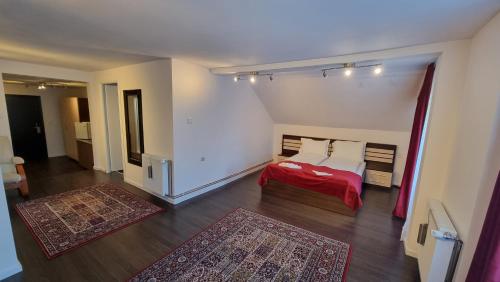 a bedroom with a bed with a red blanket at Villa Parc in Cluj-Napoca