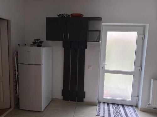 a kitchen with a refrigerator and a window and a door at Private House Citadela Tg.Mures in Târgu-Mureş