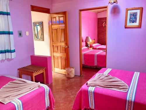 ein rosafarbenes Zimmer mit 2 Betten und einem Spiegel in der Unterkunft Hotel Cazomalli Oaxaca in Oaxaca de Juárez