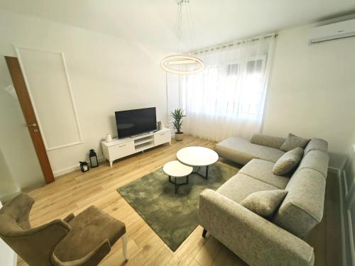 uma sala de estar com um sofá e uma televisão em Luxury apartment Podgorica em Podgorica