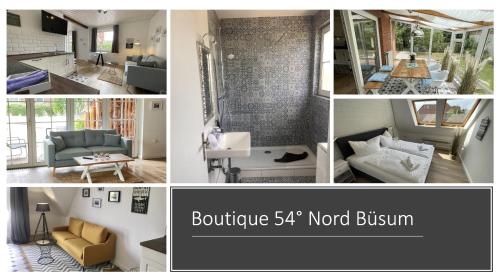 een collage van foto's van een woonkamer en eetkamer bij Boutique 54° Nord in Büsum