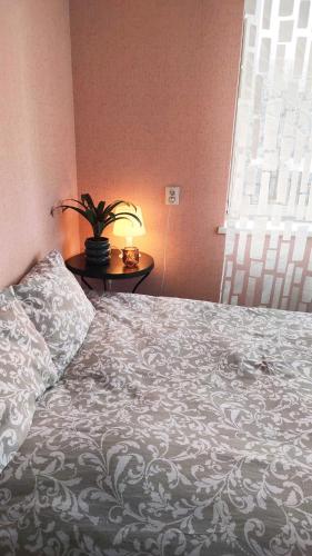 ein Schlafzimmer mit einem Bett und einem Tisch mit einer Pflanze in der Unterkunft Cozy room in Kaunas in Kaunas