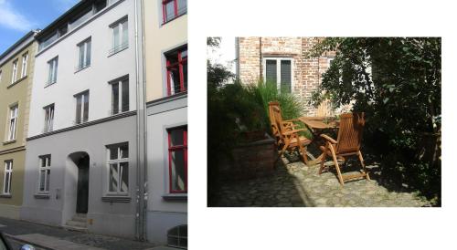 due foto di un edificio e un tavolo con sedie di Ferienwohnungen Langenstraße - Altstadt a Stralsund