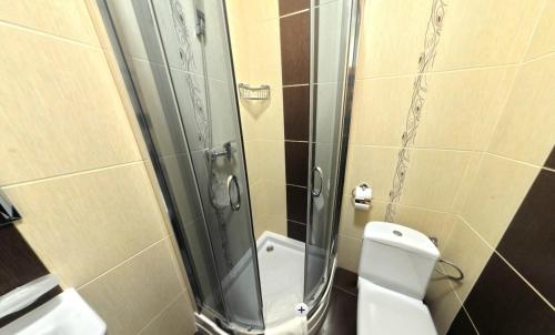 La salle de bains est pourvue de toilettes et d'une douche en verre. dans l'établissement Hotel Forward Pool&Sauna, à Yasinya