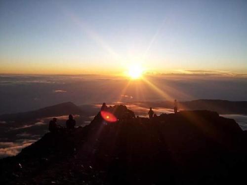 a group of people standing on top of a mountain at sunset at Tiu Kelep Homestay in Senaru