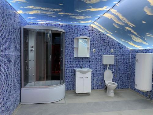 baño de azulejos azules con ducha y aseo en Relax and pool apartments Novi Sad, en Novi Sad