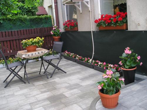 a patio with potted plants and a table and chairs at Pokoje Centrum U Ani in Augustów