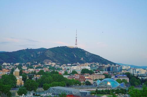 uitzicht op een stad met een berg op de achtergrond bij Apartment Paysage in Tbilisi City