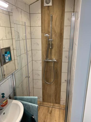 een badkamer met een douche en een wastafel bij Tinyhouse Scheveningen beach FREE gated parking in Scheveningen