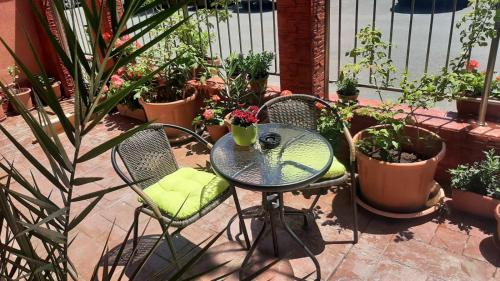 une table et des chaises avec des plantes sur la terrasse dans l'établissement Adri Guest House, à Nessebar