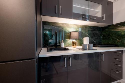 a kitchen with black cabinets and a sink at Eromeni Apartments in Biały Dunajec