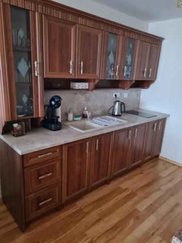 a kitchen with wooden cabinets and a sink at Apartman 508 Residence in Donovaly