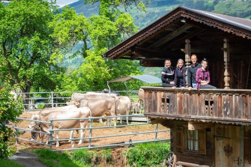 um grupo de pessoas em pé em um edifício perto de vacas em Riemenerhof em Fügen