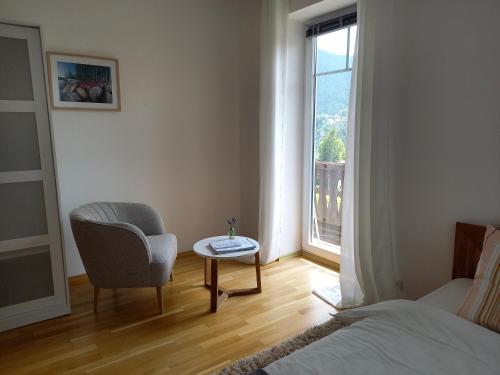 1 dormitorio con 1 cama, 1 silla y 1 ventana en Landhaus Semmering, en Semmering