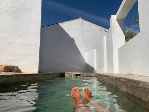 a person swimming in a pool of water at Azeite de Marvão, Olivoturismo casa Venda do Lagar in Marvão