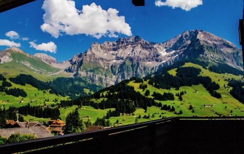 Blick auf eine Bergkette mit grünem Feld in der Unterkunft Hotel Viktoria Eden in Adelboden