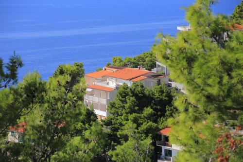 un bâtiment avec un toit orange au-dessus des arbres dans l'établissement Apartments by the sea Brela, Makarska - 6688, à Brela