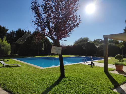 una piscina con albero e un cartello sull'erba di Quinta Vale do Homem ad Amares