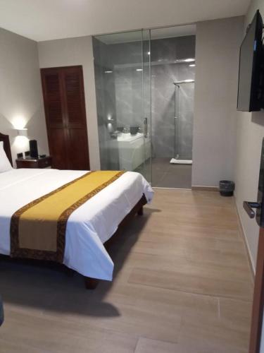 um quarto com uma cama e uma casa de banho com um chuveiro em Serenzza Hotel em Lima