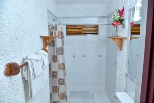 bagno bianco con doccia e servizi igienici di Lighthouse Inn 2 a Negril