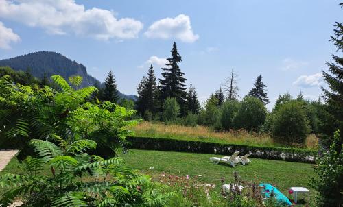 een tuin met twee dieren in het gras bij Lusi Holiday, Смолянски езера in Smolyan