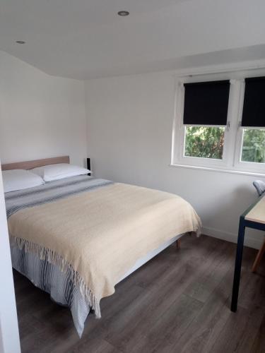 a white bedroom with a bed and two windows at Chalet climatisé et chauffé a Faverges de la Tour in Faverges-de-la-Tour