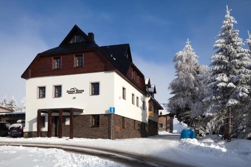 ein großes Gebäude im Schnee mit einem Weihnachtsbaum in der Unterkunft Houda Bouda - Penzion & Apartmány in Boží Dar