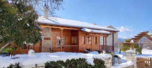 uma cabana de madeira na neve em Xylino Chalet em Kalavrita