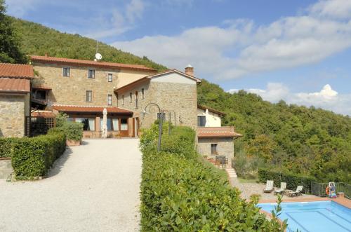 uma vista exterior de uma casa e de uma piscina em Agriturismo Poggio de Papi em Cantagrillo