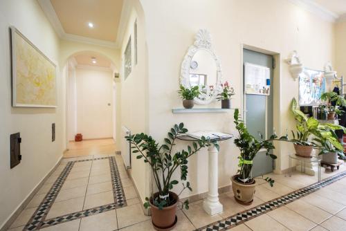 a hallway with potted plants on the walls at Pension Primavera in Vienna