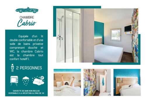 un collage di foto di una camera d'albergo di hotelF1 Fréjus Roquebrune sur Argens a Roquebrune-sur Argens