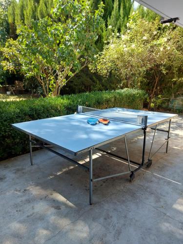 un tavolo da ping pong con un paio di occhiali sopra di Chalet FLEUVE avec Parking-Barbecue a Yerres