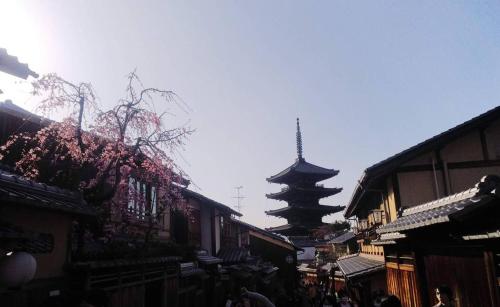 um pagode no fundo de uma cidade com edifícios em Hanakiya em Quioto