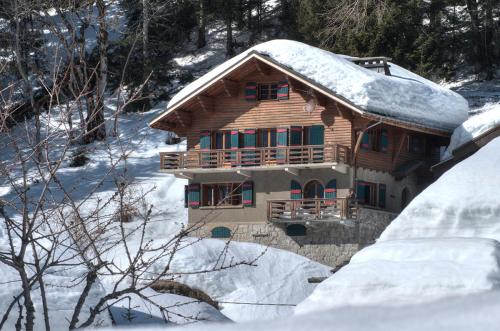 ein Blockhaus im Schnee mit Schnee drauf in der Unterkunft La Ribambelle in Chamonix-Mont-Blanc